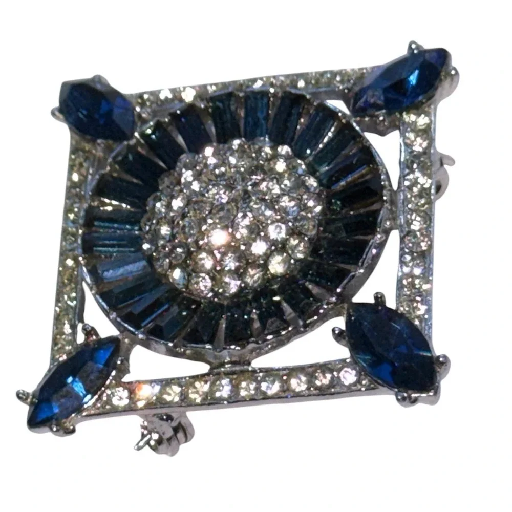 Vintage 1950s Wiesner Sapphire Navette Rhinestone Brooch – Square Pavé Frame